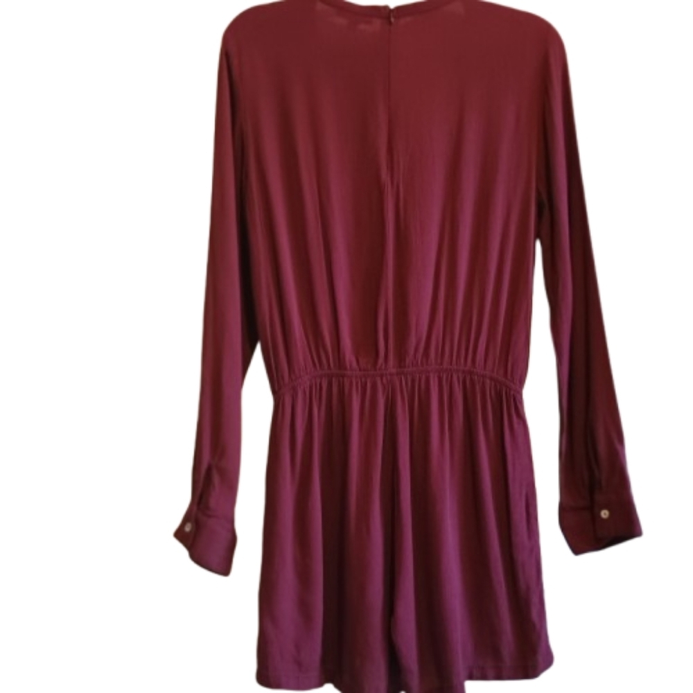 Very J Burgundy Romper M Long Sleeve Zip‎ Back Pockets Pleated Rayon Playsuit - Picture 3 of 14